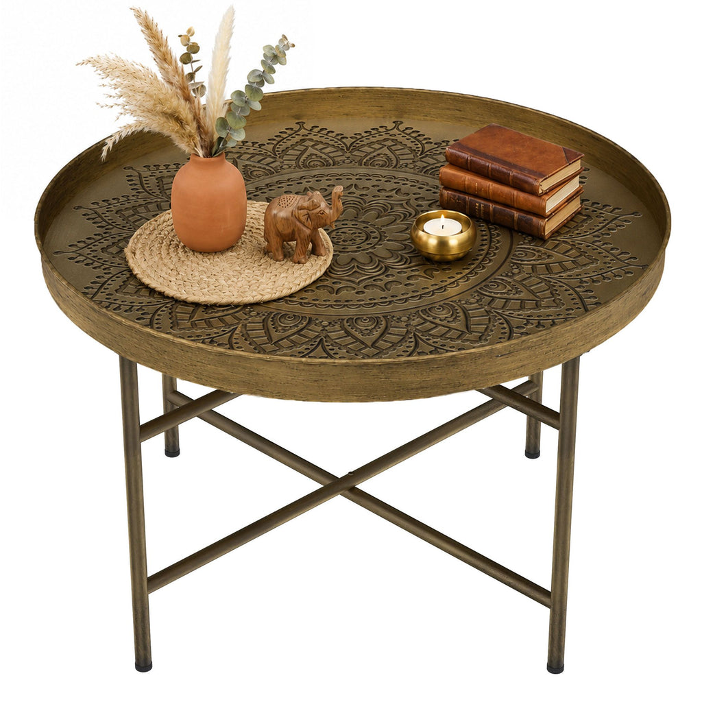 Coffee Table for Living Room, 24" Round Center Table with Hammered Tray Top and Metal Frame for Bedroom, Gold