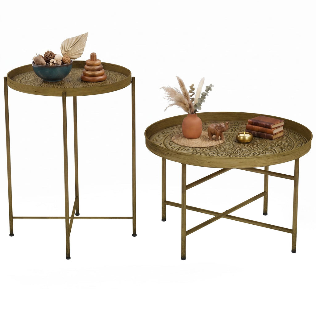 Coffee Table Set for Living Room, Round Center Table Set with Hammered Tray Top and Metal Frame for Bedroom, Gold