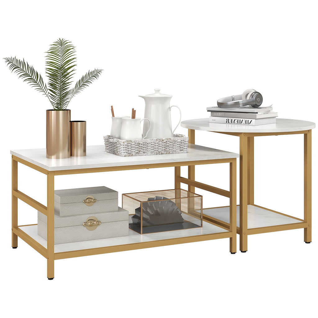 Coffee Tables Sets of 2, Rectangle and Round Coffee Table with Storage Shelves, Faux Marble Top, Living Room Table Set, White