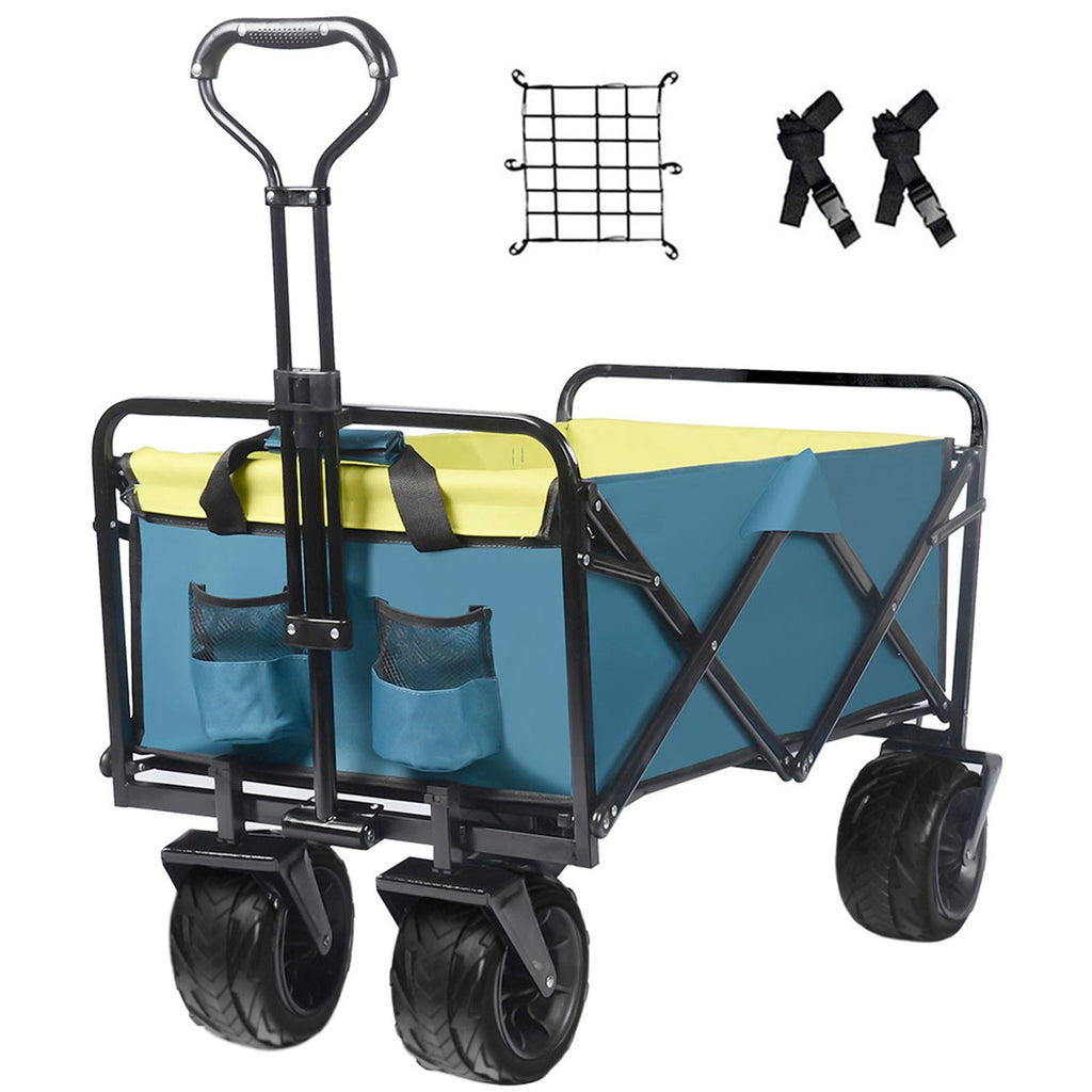 Collapsible Heavy Duty Beach Wagon Cart Outdoor Folding Utility Camping Garden Beach Cart with Universal Wheels Adjustable Handle Shopping (GreenBlue)