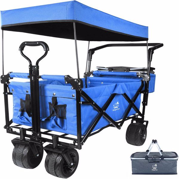 Collapsible Wagon cart with Removable Canopy, Large All Terrain Wheels, Brake, Adjustable Handles,Cooler Bag,Blue