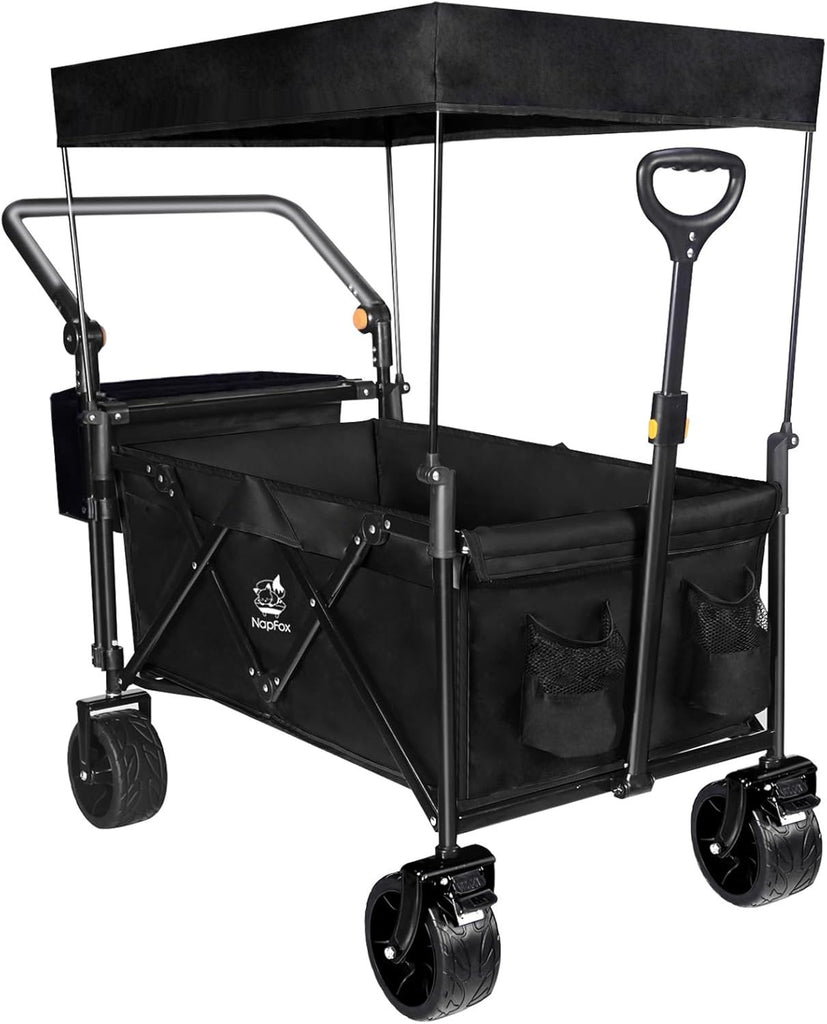 Collapsible Wagon Heavy Duty Wagons Carts Foldable with Removable Canopy, Foldable Wagon Cart with Wheels for All-Terrain with Brake, for Camping Beach Shopping