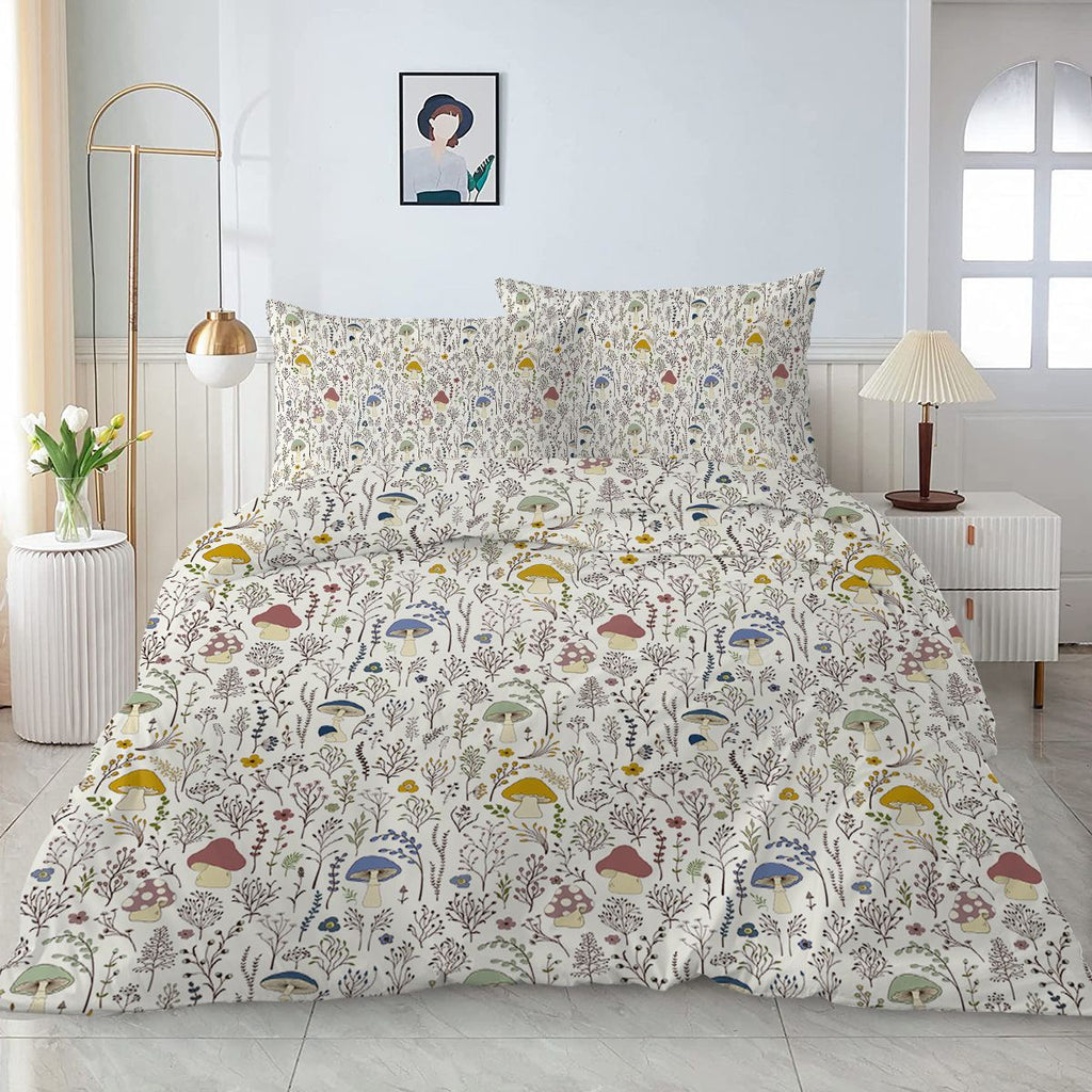 Colorful Mushroom Duvet Cover Full - Soft Mushroom Bedding Set with Wild Plants and Flower 3 Piece Aesthetic Mushroom Bed Set for Woman Adult (Full, Cream)