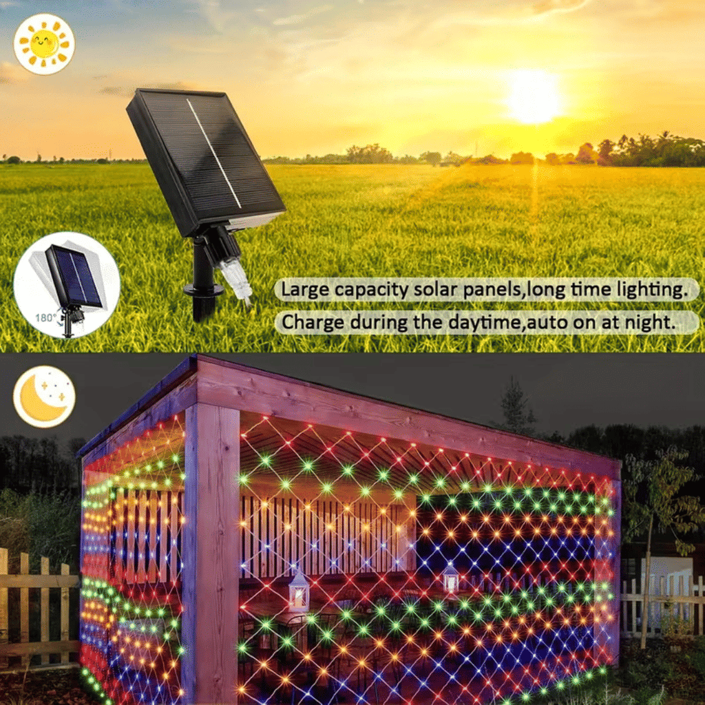 Colorful outdoor solar mesh lights, 6.6ft X 9.8ft fairy mesh lights with 200 LEDs, 8 modes, suitable for Christmas trees, lawns, shrubs, fence walls