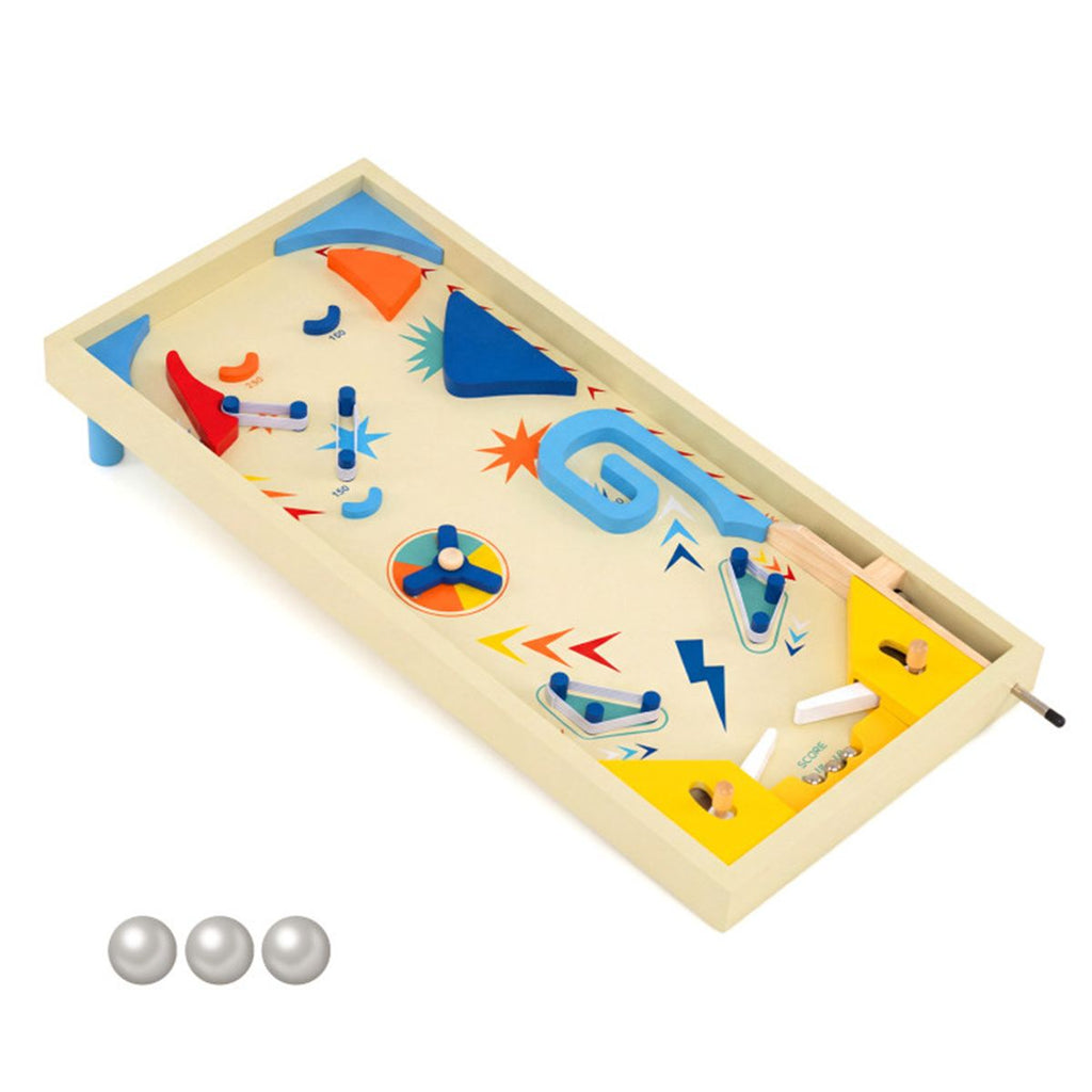 Colorful Wooden Pinball Machine, 3 Metal Marbles & Spring Plunger, Dual Flip Controls for Fun Gameplay