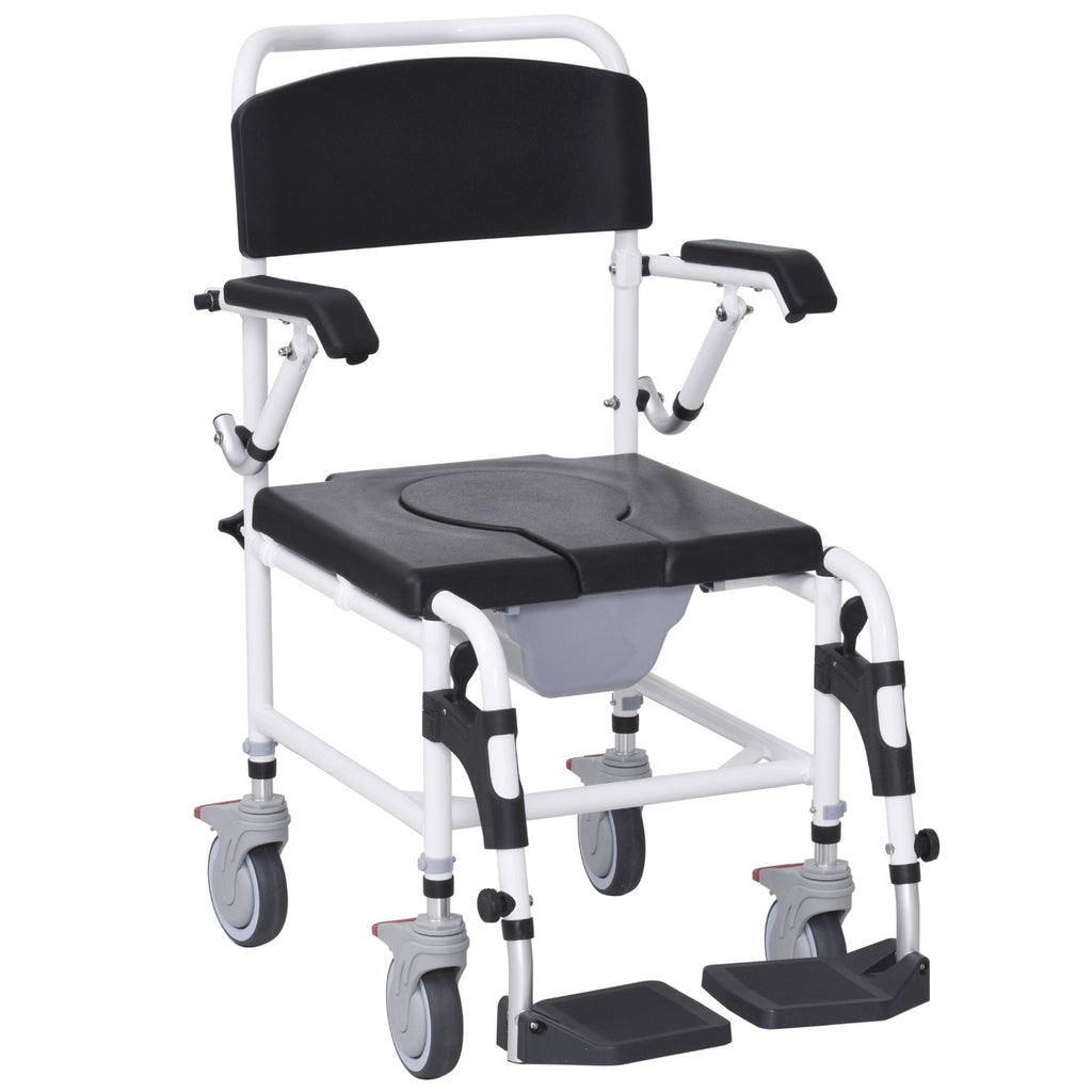Commode Wheelchair, Rolling Shower Wheelchair with Wheels, Rectangle Detachable Bucket & Waterproof Design, 300 lbs