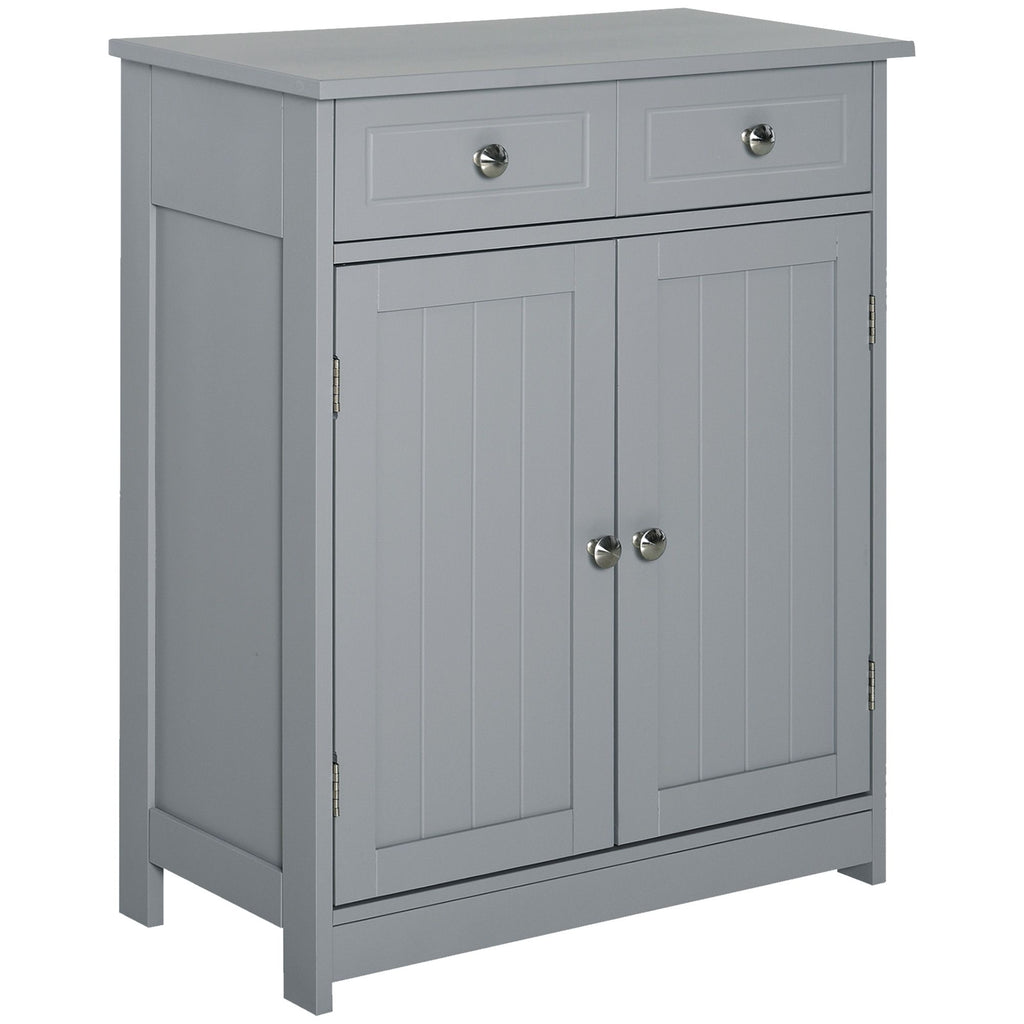 Compact Freestanding Bathroom Linen Cabinet with 2 Drawers Metal Knob Elevated Base MDF Grey Storage Solution