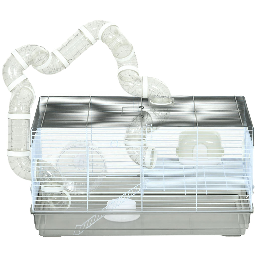 Compact Gerbil or Dwarf Hamster Cage with Tubes, Exercise Wheel, Food Dish & Water Bottle, 23"x13"x12", Gray