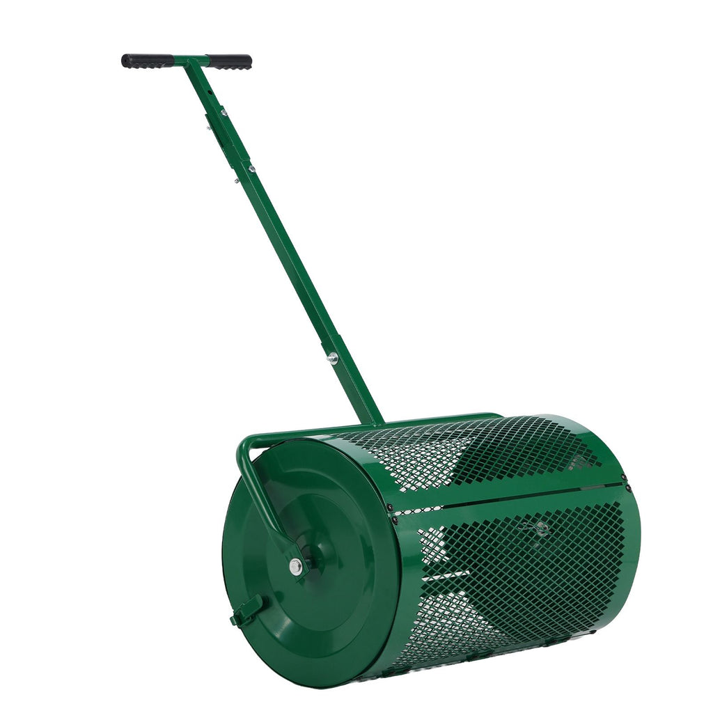 Compost Spreader with Adjustable Handle, 24" Wide, Lawn and Garden Peat Moss Roller with Side Latches, Powder Coated Steel Mesh Basket for Spreading Manure, Topsoil, Green