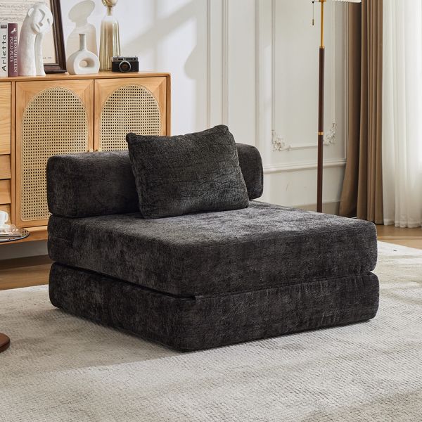 Compression Sofa,Convertible Floor Sofa Bed with Fixed-Shape Frame,Single Seater Boneless Modular Sectional Sofa,No Assembly Required,Chenille fabric,for Living Room Bedroom,Black