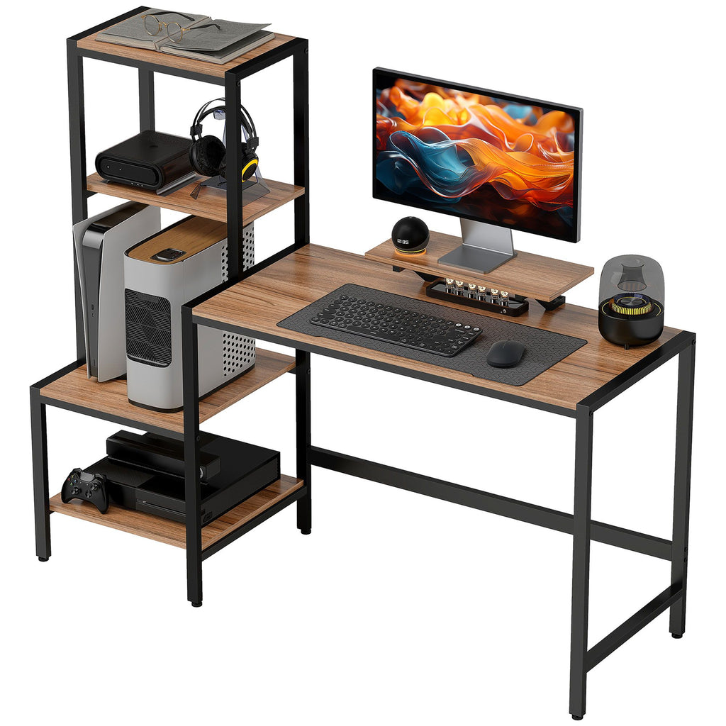 Computer Desk, 59" CPU Desk with Monitor Stand, Reversible 4-Tier Shelf, Industrial Writing Desk for Study Room, Brown