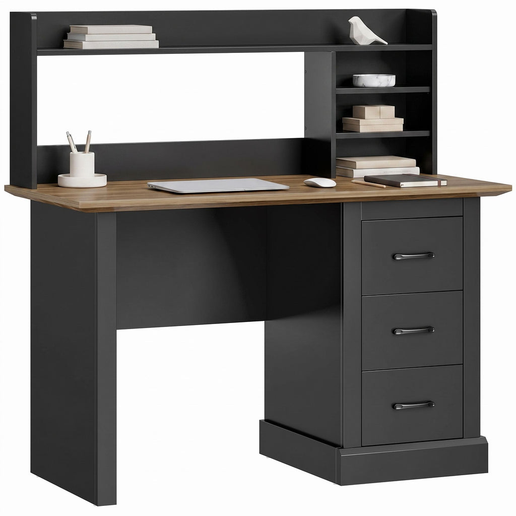 Computer Desk with 3 Drawers and Storage Shelves, 47" Home Office Study Writing Table, Walnut and Black