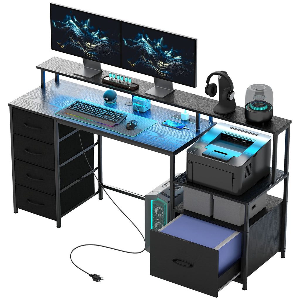 Computer Desk with Power Outlets and LED Lights, 67" Computer Table with File Cabinet and Fabric Drawers, Black