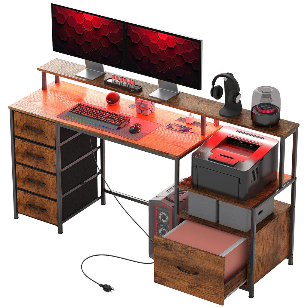 Computer Desk with Power Outlets and LED Lights, 67" Computer Table with File Cabinet and Fabric Drawers, Rustic Brown