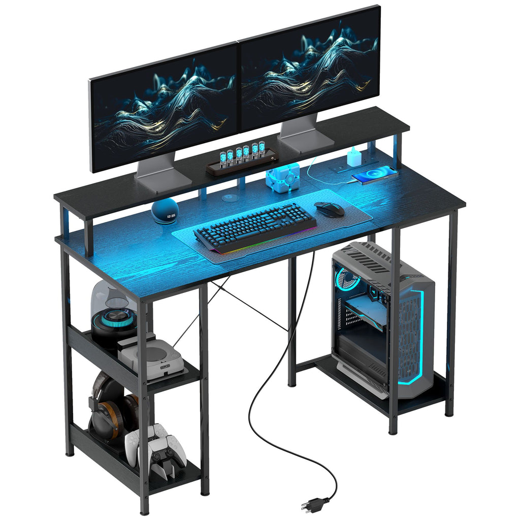 Computer Desk with Storage, 47" Reversible Computer Table with Power Outlets and LED Lights, Distressed Black
