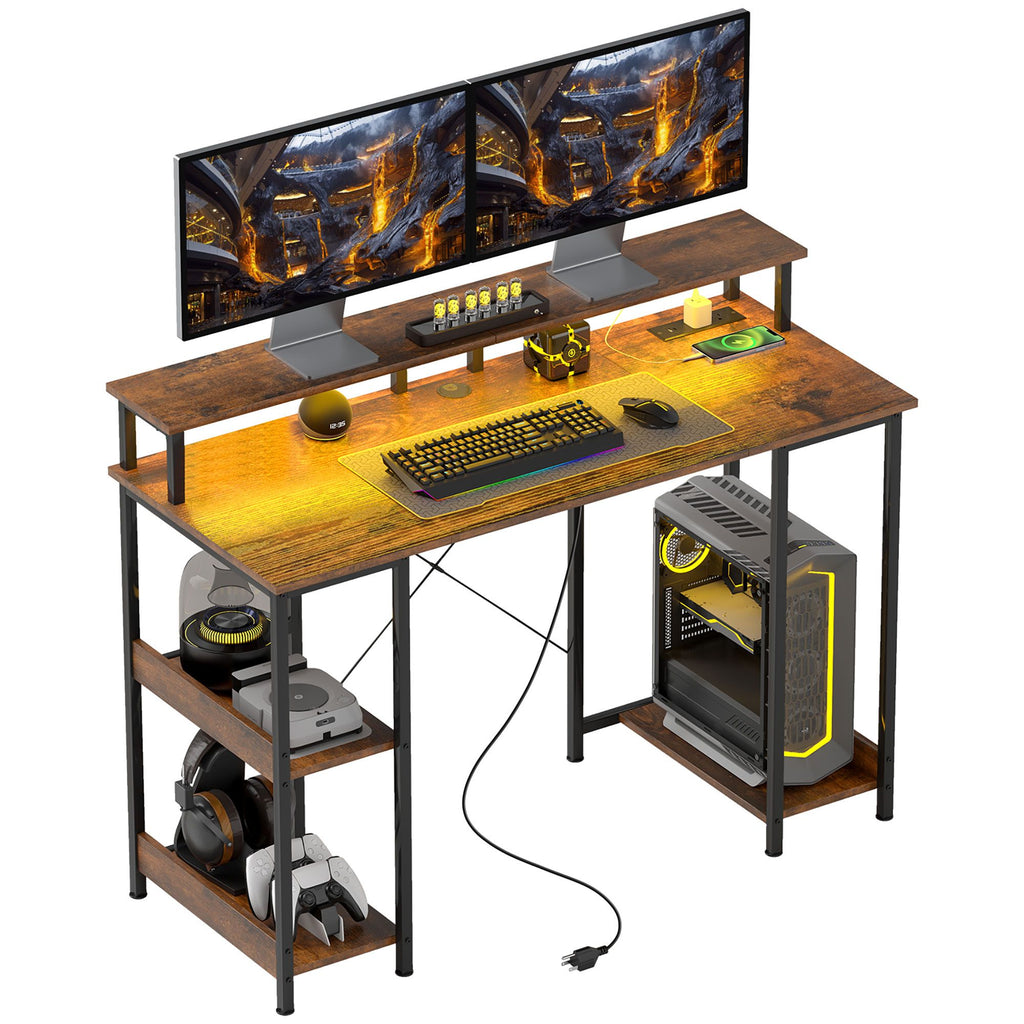 Computer Desk with Storage, 47" Reversible Computer Table with Power Outlets and LED Lights, Rustic Brown