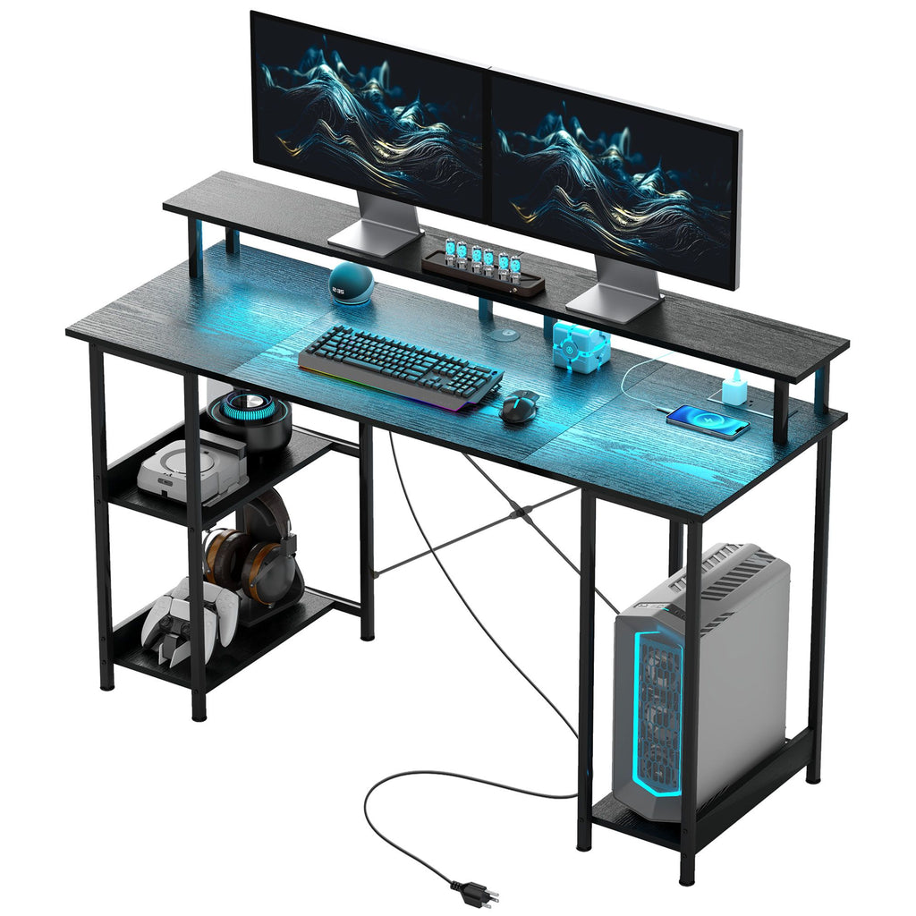Computer Desk with Storage, 55" Reversible Computer Table with Power Outlets and LED Lights, Distressed Black