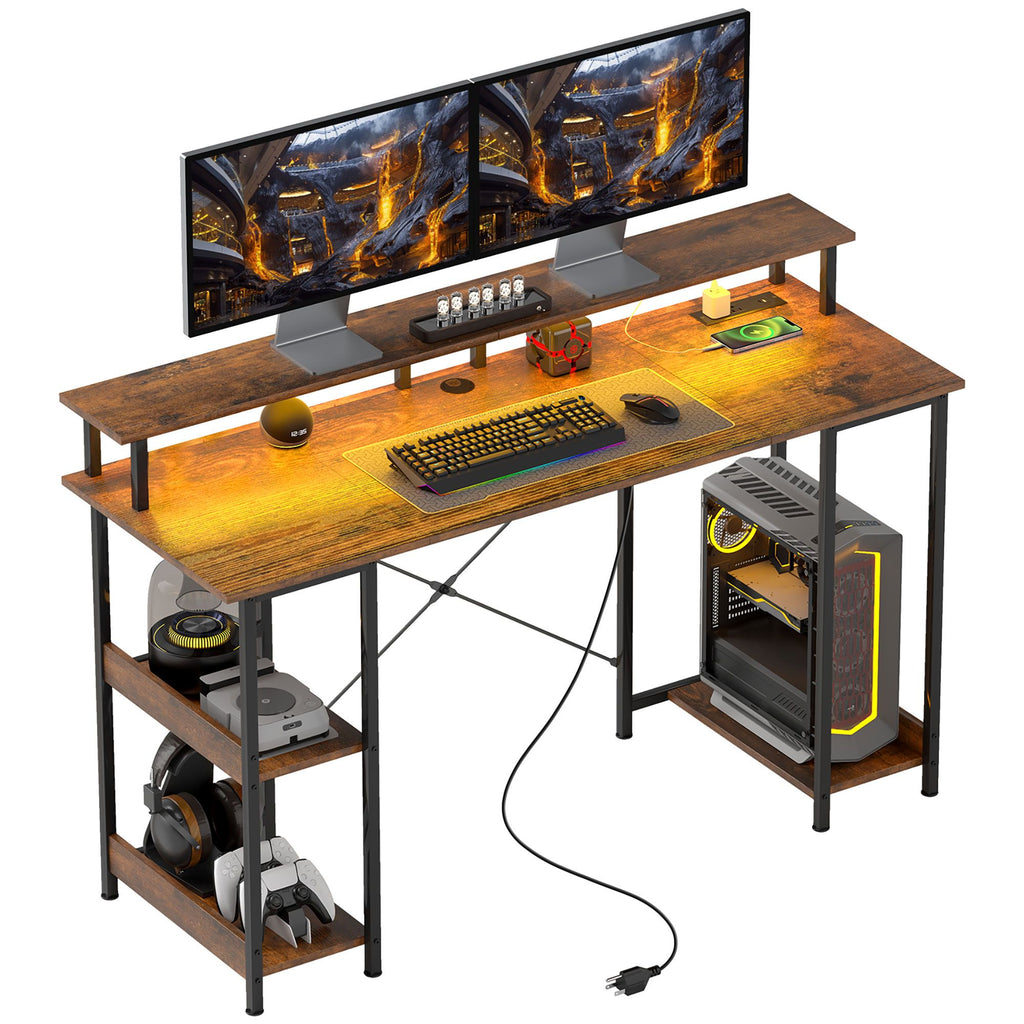 Computer Desk with Storage, 55" Reversible Computer Table with Power Outlets and LED Lights, Rustic Brown