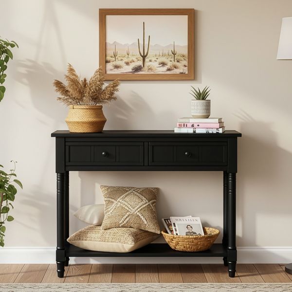 Console Table Traditional Design with Two Drawers and Bottom Shelf (Black) --Self-pick up is not supported