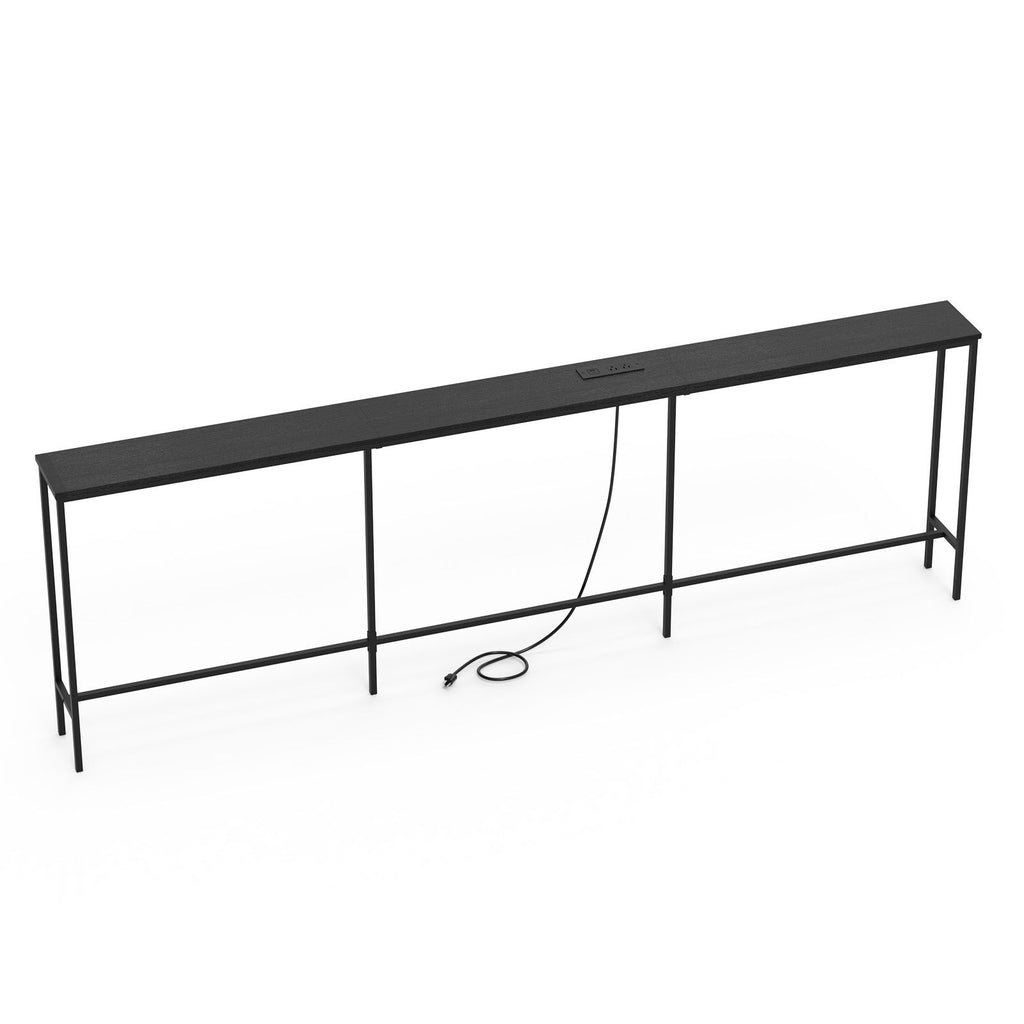 Console Table with Power Outlet, 94.5"7.9"31.1", MDF with Melamine Veneer & Metal Frame, Black