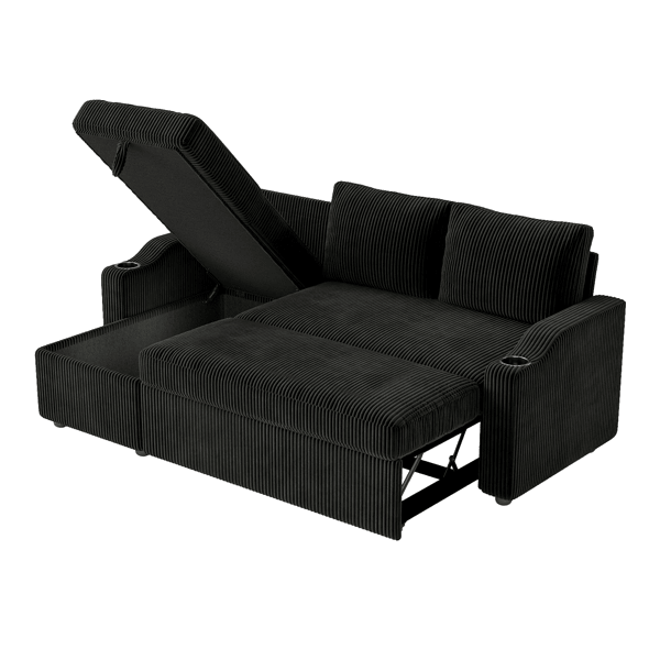 Convertible Corduroy L-shaped Sectional Sofa Bed With Storage & Cup Holder Armrest Modern Sleeper Sofa For Living Room