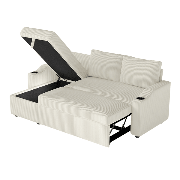 Convertible Corduroy L-shaped Sectional Sofa Bed With Storage & Cup Holder Armrest Modern Sleeper Sofa For Living Room
