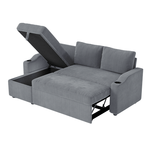 Convertible Corduroy L-shaped Sectional Sofa Bed With Storage & Cup Holder Armrest Modern Sleeper Sofa For Living Room