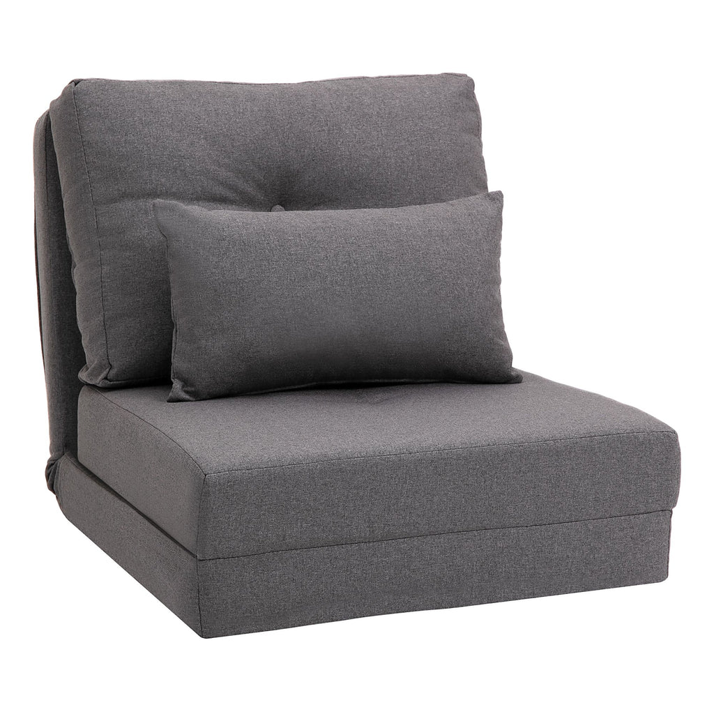 Convertible Flip Chair, Floor Lazy Sofa, Folding Upholstered Couch Bed with Adjustable Backrest, Metal Frame and Pillows for Living Room Bedroom, Dark Gray