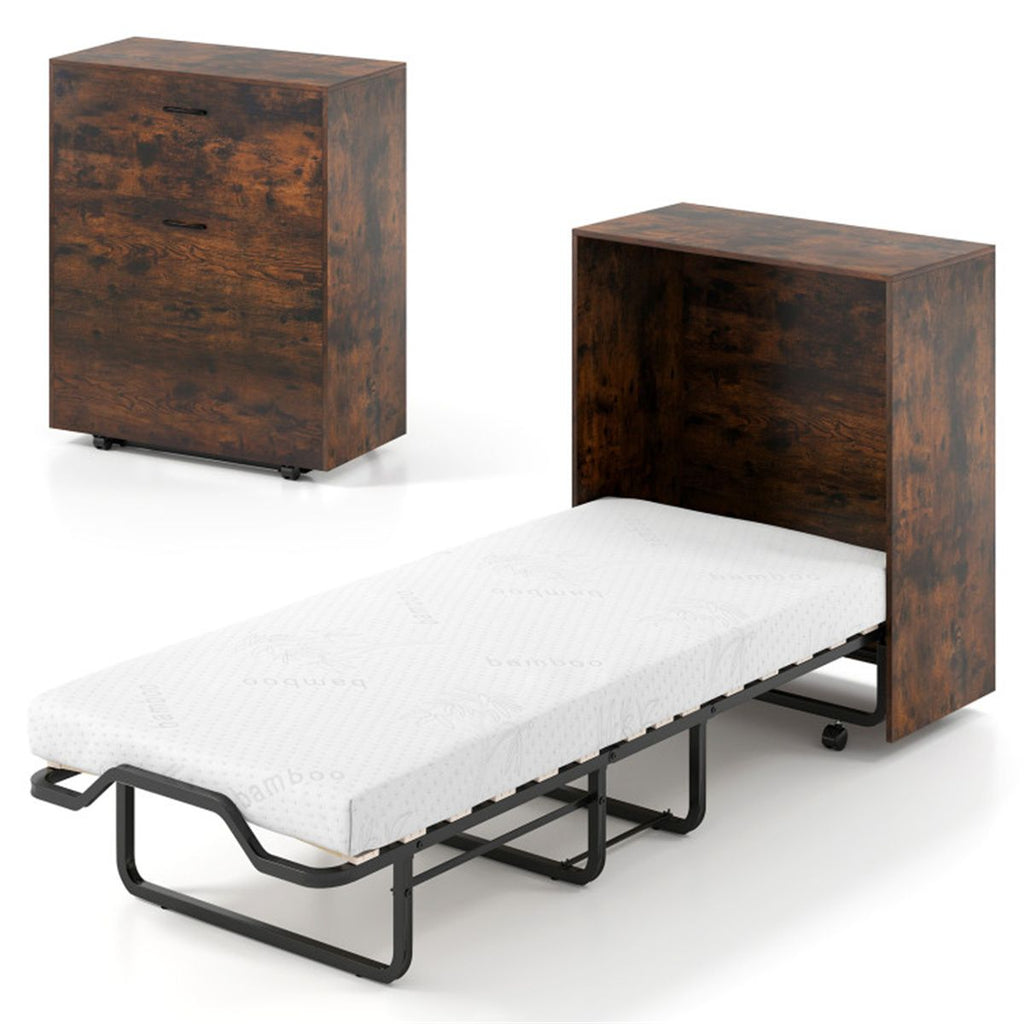 Convertible Murphy Cabinet Bed with 4" Mattress, 219.71×86.36×105.41cm Folding Bed 485LBS Capacity, Rustic Brown
