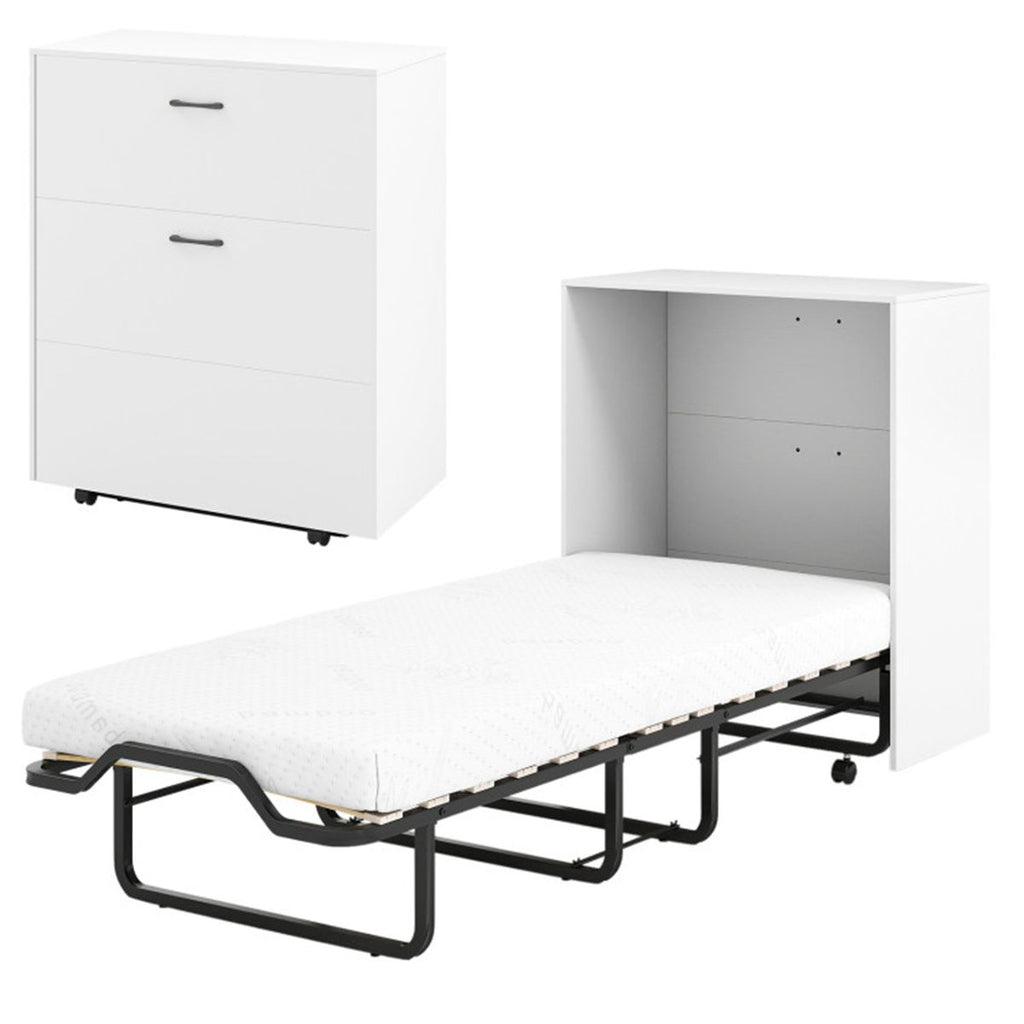 Convertible Murphy Cabinet Bed with 4" Mattress, 219.71×86.36×105.41cm Folding Bed 485LBS Capacity, White