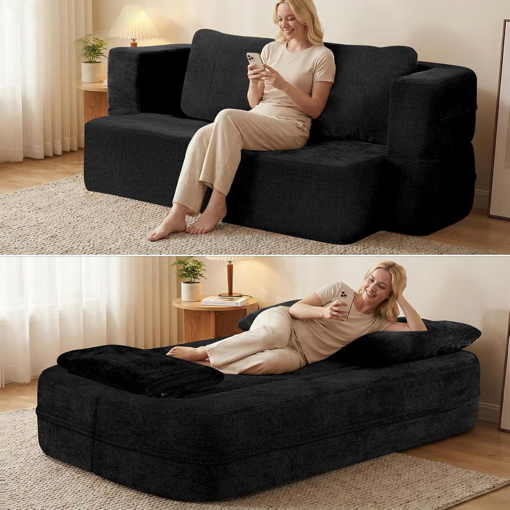 Convertible Sofa Bed with Blanket, Boneless Cloud Couch Queen Scott Fabric for Living Room Bedroom, Modular Loveseat with High-Density Solid Sponge No Assembly, Black