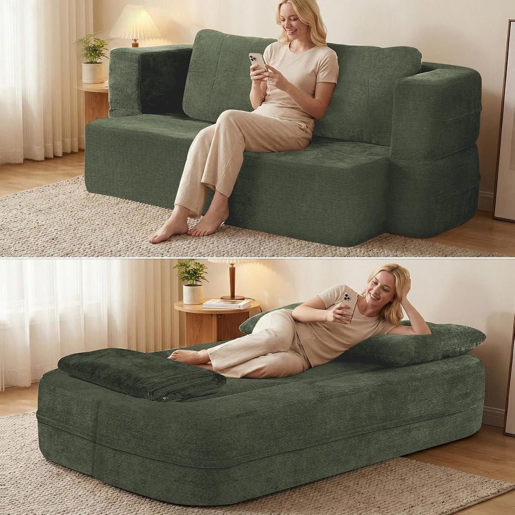 Convertible Sofa Bed with Blanket, Boneless Cloud Couch Queen Scott Fabric for Living Room Bedroom, Modular Loveseat with High-Density Solid Sponge No Assembly, Green