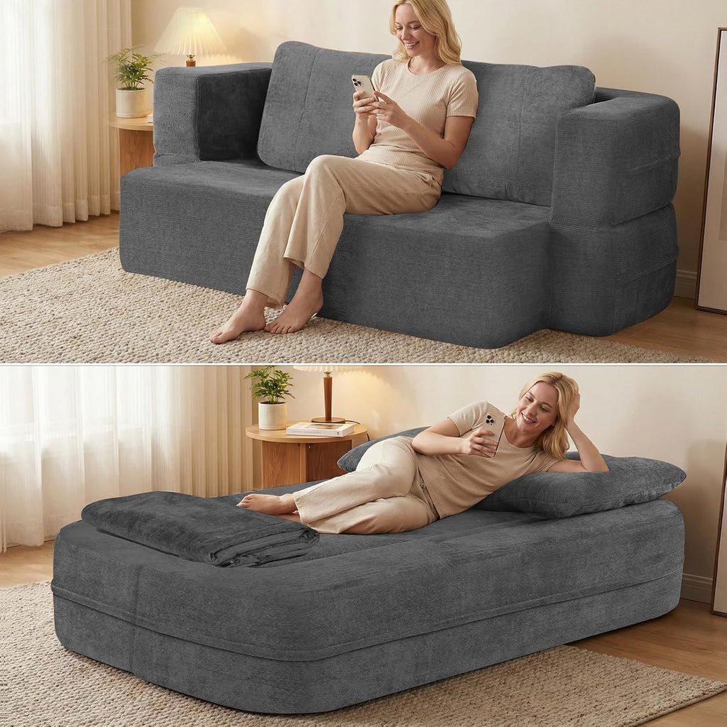 Convertible Sofa Bed with Blanket, Boneless Cloud Couch Queen Scott Fabric for Living Room Bedroom, Modular Loveseat with High-Density Solid Sponge No Assembly, Grey