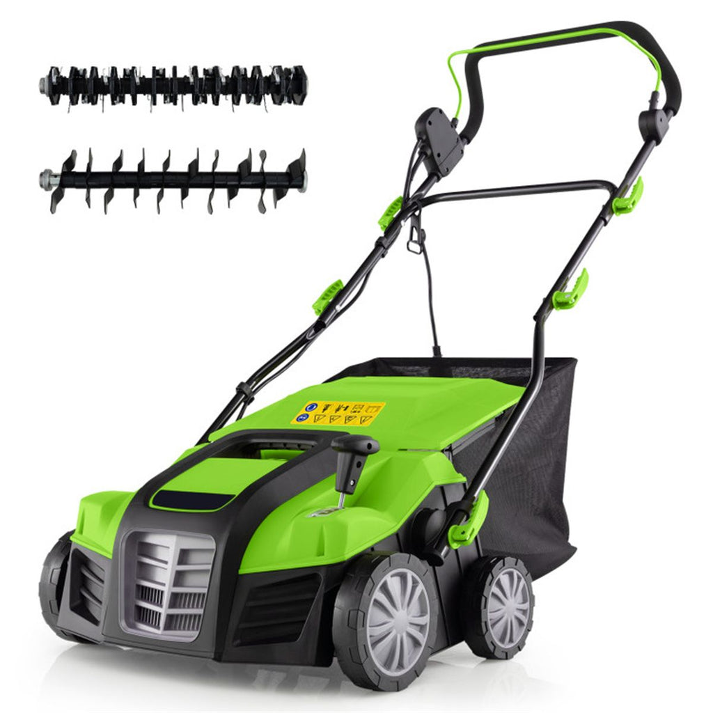 Corded Electric Lawn Dethatcher with 16-Inch Cutting Width, Wear-Resistant Wheels & Large Removable Grass Bag for Home Lawn - Green