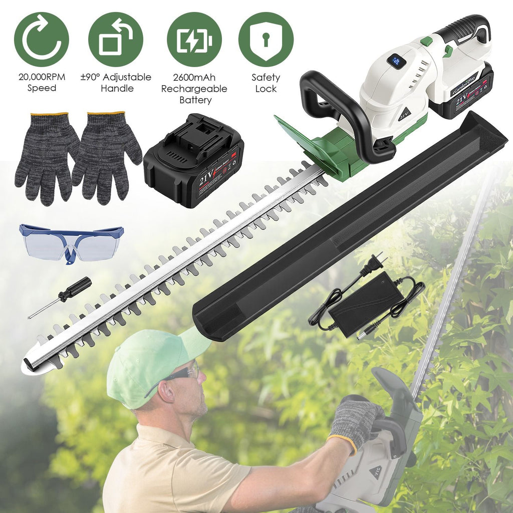 Cordless Grass Trimmer with 20000 RPM Motor, 2600mAh Battery, Dual-Action Steel Blade Hedge Trimmer,Anti-Splash Baffle & Safety Goggles for Bushes Shrubs Trimming Suitable for garden maintenance