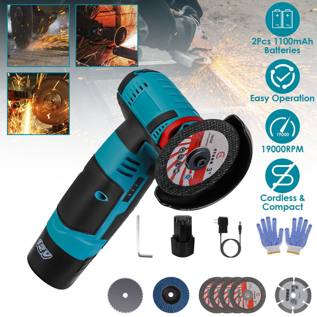 Cordless Mini Angle Grinder- 2x12V 1100mAh Batteries , 19000RPM Motor, Air Vents for Heat Dissipation - Includes Cutting Wheels/Saw Blade/Sanding Disc for Metal/Wood/Tile