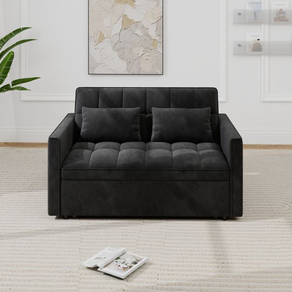 Corduroy Double Sleeper Sofa With Pull-Out Bed, 2 Pillows & Side Storage Pocket