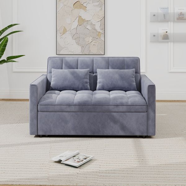 Corduroy Double Sleeper Sofa With Pull-Out Bed, 2 Pillows & Side Storage Pocket