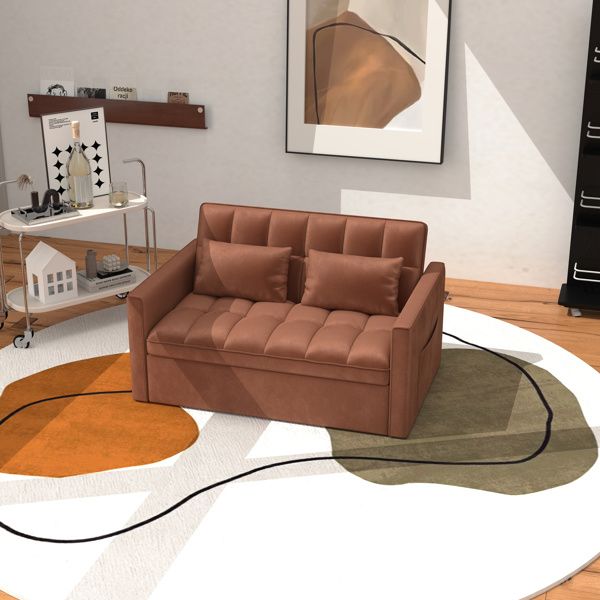 Corduroy Double Sleeper Sofa With Pull-Out Bed, 2 Pillows & Side Storage Pocket