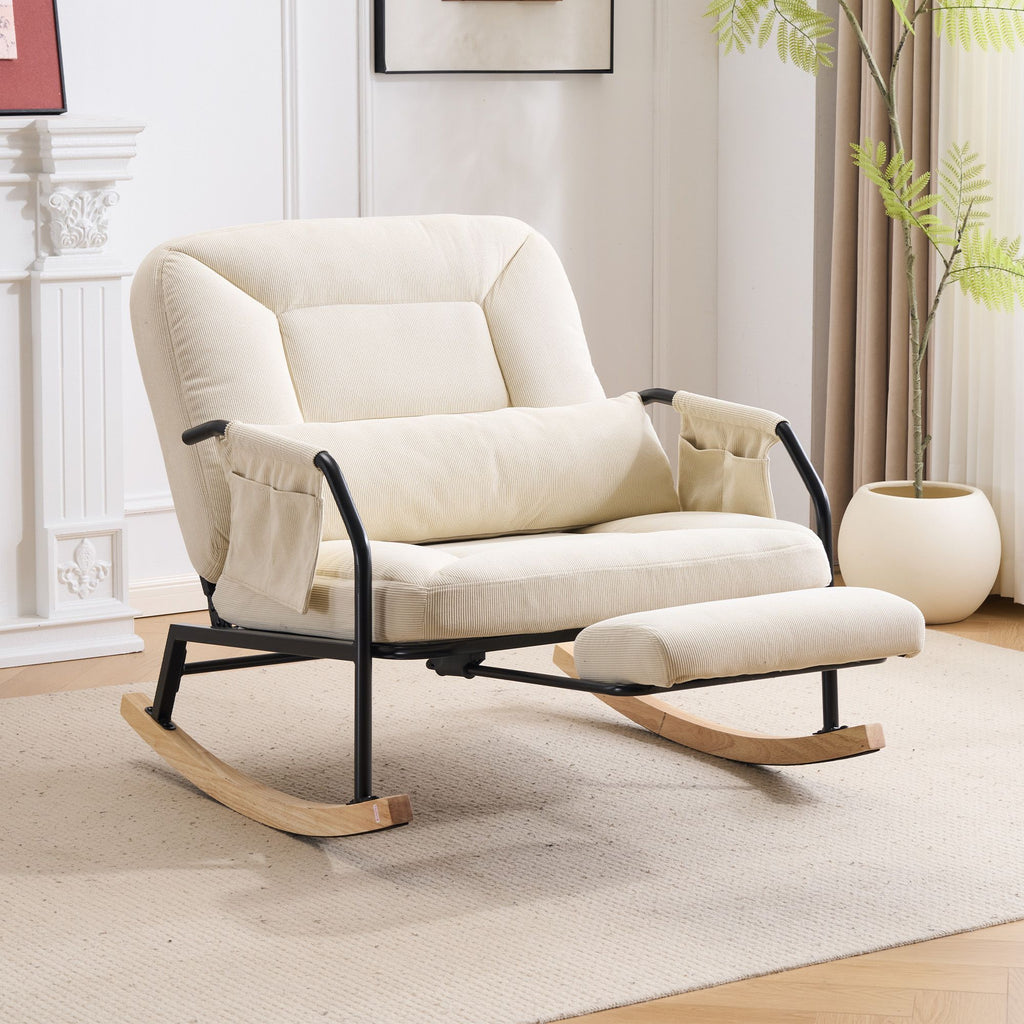 Corduroy Nursery Rocking Chair w/ Pull-out Footrest, 100-160 Adjustable Backrest, Oversized Glider Rocker Recliner with Side Pocket & Lumbar Pillow, Metal Frame for Bedroom Living Room, Beige