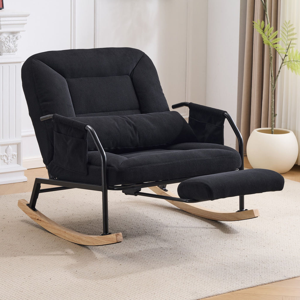 Corduroy Nursery Rocking Chair w/ Pull-out Footrest, Adjustable Backrest 100-160, Oversized Glider Rocker Recliner with Side Pocket & Lumbar Pillow, Metal Frame for Living Room Bedroom,Black.