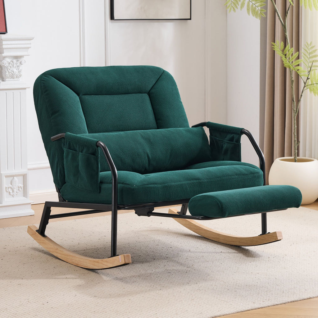 Corduroy Nursery Rocking Chair w/ Pull-out Footrest, Adjustable Backrest 100-160, Oversized Glider Rocker Recliner with Side Pocket & Lumbar Pillow, Metal Frame for Living Room Bedroom,,Green