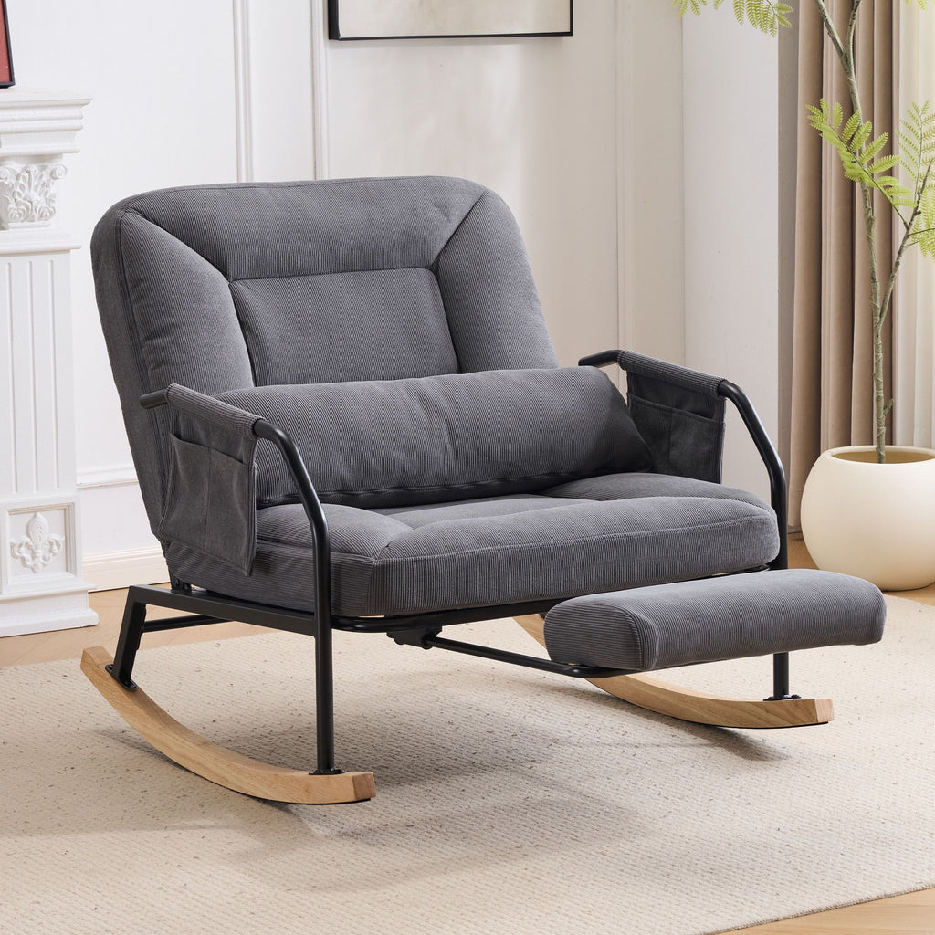 Corduroy Nursery Rocking Chair w/ Pull-out Footrest, Adjustable Backrest 100-160, Oversized Glider Rocker Recliner with Side Pocket & Lumbar Pillow, Metal Frame for Living Room Bedroom,Grey