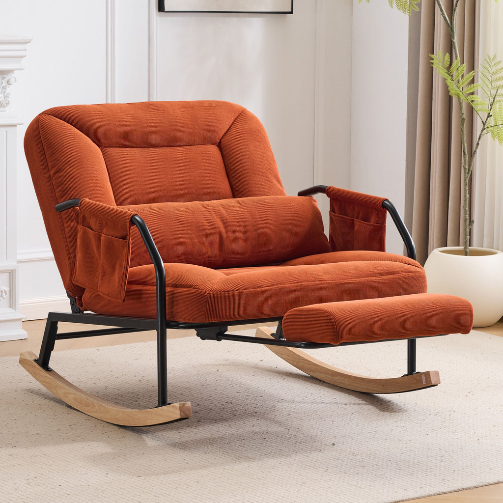 Corduroy Nursery Rocking Chair w/ Pull-out Footrest, Adjustable Backrest 100-160, Oversized Glider Rocker Recliner with Side Pocket & Lumbar Pillow, Metal Frame for Living Room Bedroom,Orange.