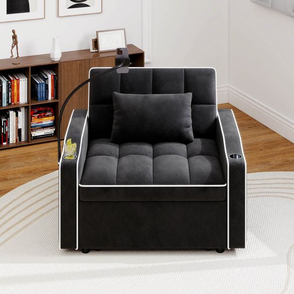 Corduroy Pull-Out Sleeper Chair With Pillow, Brushed Stainless Steel Cup Holder, Phone Stand & Usb Charging Port