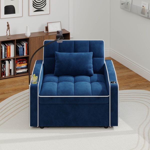 Corduroy Pull-Out Sleeper Chair With Pillow, Brushed Stainless Steel Cup Holder, Phone Stand & Usb Charging Port