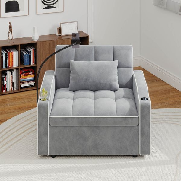 Corduroy Pull-Out Sleeper Chair With Pillow, Brushed Stainless Steel Cup Holder, Phone Stand & Usb Charging Port
