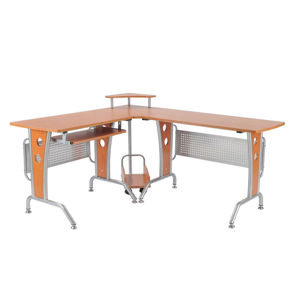 Corner Computer Desk with Elevated Shelf, Rolling Keyboard Tray, & Convenient CPU Stand, Gaming L Shaped Desk, Wood Color