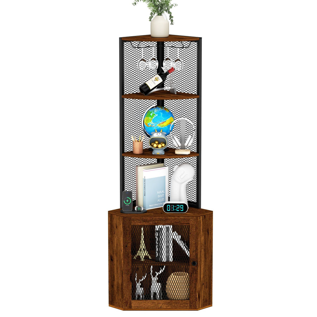 Corner Shelf with Doors, 65" Corner Cabinet & Wine Glass Rack, 6 Tier Bookshelf Display, Freestanding Corner Storage Stand[Unable ship weekends, TK/TEMU only for pickup]