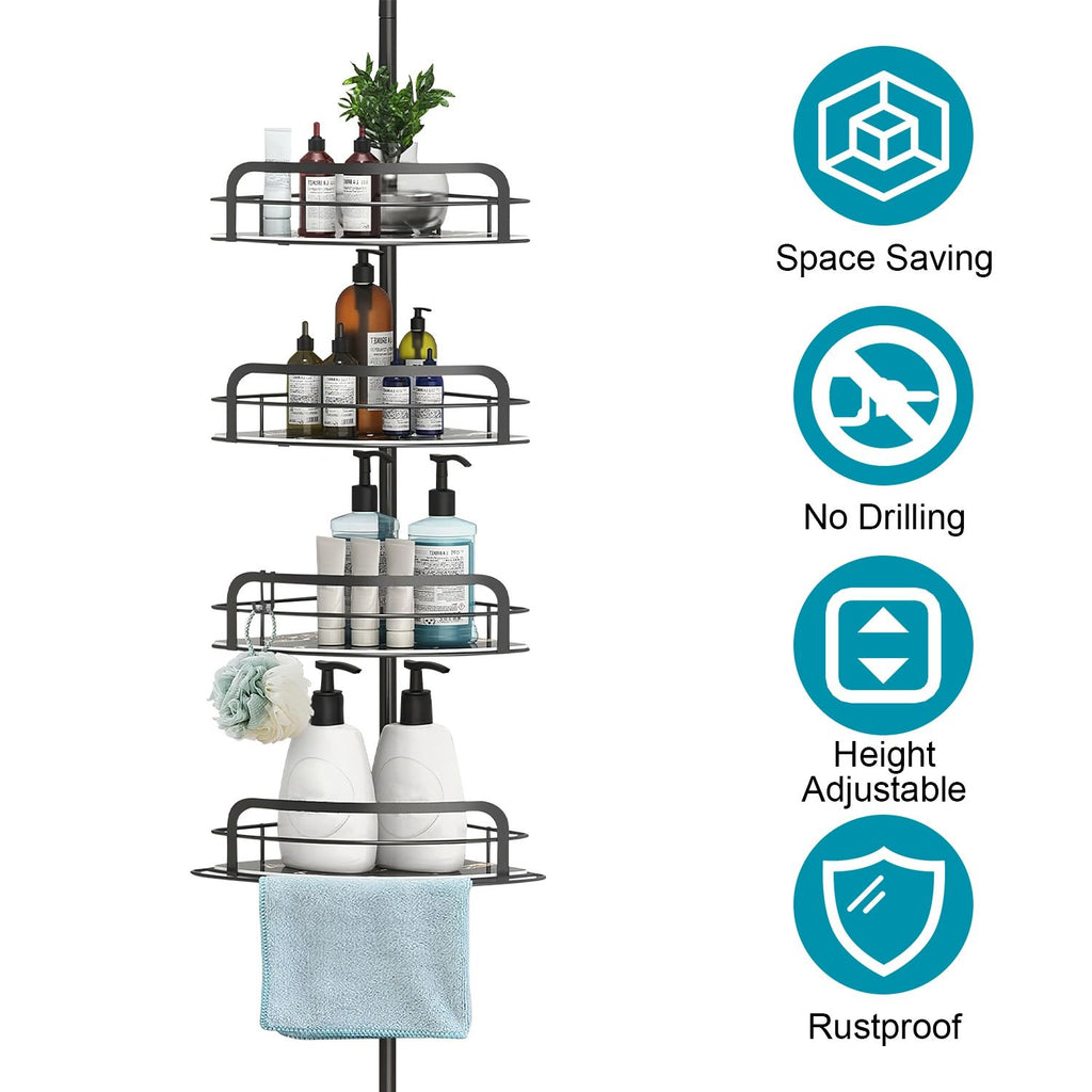 Corner Shower Caddy Tension Pole, Quick Setup, Rust-Free Bathroom Shower Organizer Corner for Bathtub Shampoo Storage, 4-Tier Adjustable Shelf, Drill Free, Fits 8.66 to 116 Inch Height, Black